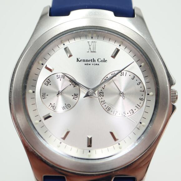 Kenneth Cole NY Mens Day Date Watch 37mm Silver Tone Blue Silicone w New Battery - Picture 6 of 16
